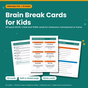Cover of the Brain Break Cards for Kids printable showing card pages and the roll-a-brain-break page on a teal background with stars