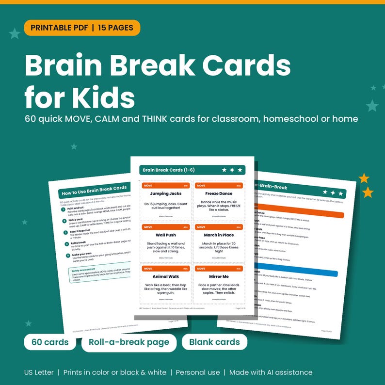 Cover of the Brain Break Cards for Kids printable showing card pages and the roll-a-brain-break page on a teal background with stars
