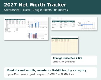 Net Worth Tracker Spreadsheet 2027, Monthly Assets and Liabilities, Personal Finance Template for Excel and Google Sheets, Debt and Savings