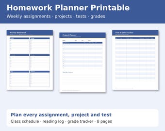 Homework Planner Printable, Student Assignment Tracker, Weekly Homework Sheet, Class Schedule, Test and Grade Tracker, Middle High School