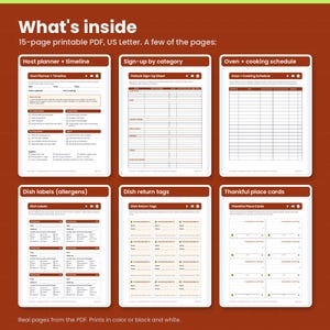 Six real pages from the PDF: host planner and timeline, sign-up sheet by category, oven schedule, allergen dish labels, dish return tags and thankful place cards
