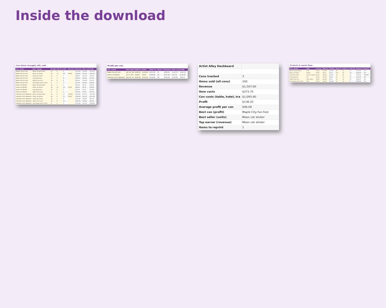 Inside the Artist Alley Inventory & Sales Tracker: sample pages