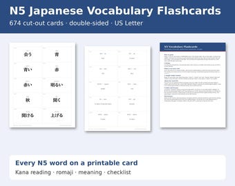 JLPT N5 Vocabulary Flashcards Printable, 674 Japanese Flash Cards with Reading and Meaning, Learn Japanese Study Cards PDF