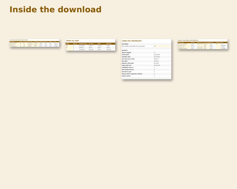 Inside the Sales Tax by Show Tracker: sample pages