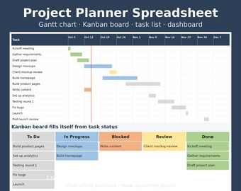 Gantt Chart Template, Kanban Board Spreadsheet, Project Planner, Task Tracker, Excel Google Sheets Project Management Template
