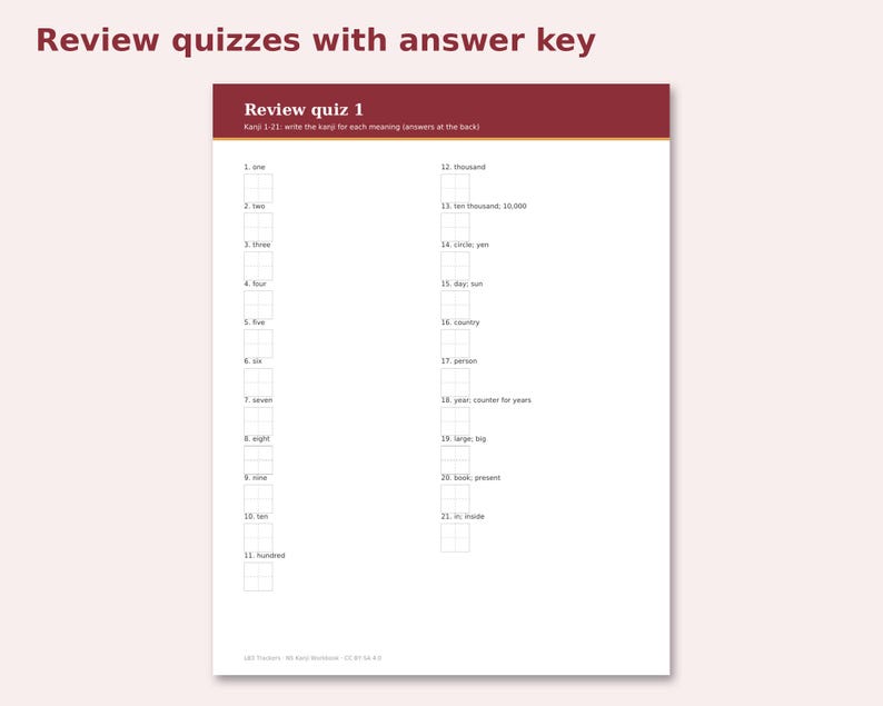 N5 Kanji Workbook preview: Review quizzes with answer key
