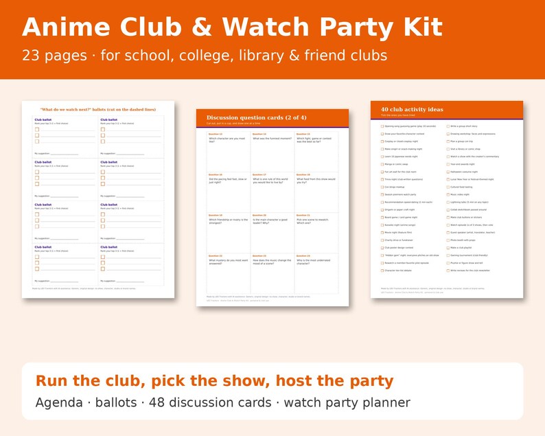 Anime Club & Watch Party Kit cover showing sample pages