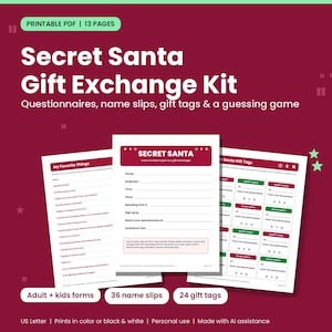 Może przedstawiać: Zestaw do wymiany prezentów Secret Santa w formacie PDF do druku, składający się z trzynastu stron zawierających kwestionariusze, karteczki z imionami i etykiety prezentowe. Dokumenty obejmują formularze My Favorite Things i Secret Santa.