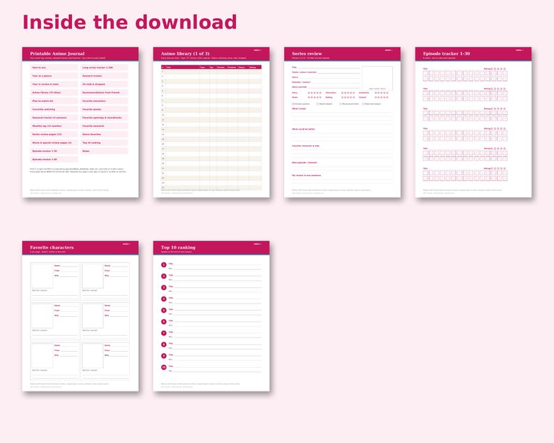 Inside the Printable Anime Journal: sample pages
