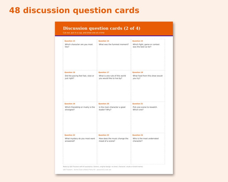 Anime Club & Watch Party Kit preview: 48 discussion question cards