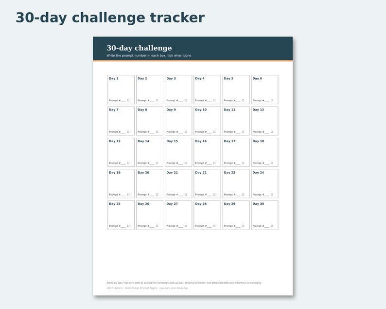 Sketchbook Prompt Pages preview: 30-day challenge tracker