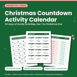 以下が含まれることがあります： 12月1日からクリスマスイブまでの24日間の家族向けアクティビティを収録した、11ページのクリスマス・カウントダウン・アクティビティ・カレンダーの印刷用PDF。アクティビティカード、白紙カード、ペーパーチェーン、バケットリストが含まれています。