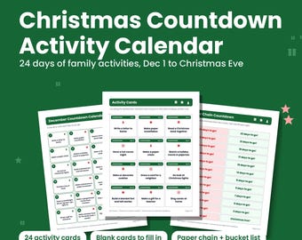 May include: A printable PDF Christmas Countdown Activity Calendar featuring 11 pages of 24 days of family activities from December 1 to Christmas Eve. Includes activity cards, blank cards, a paper chain, and a bucket list on US Letter size paper.