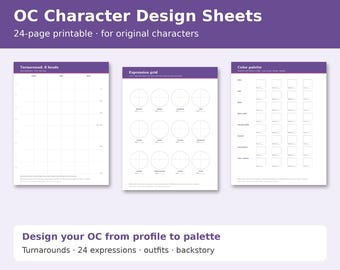 May include: A 24-page printable set of OC Character Design Sheets featuring purple headers and white pages. Includes a Turnaround 8 heads grid, an Expression grid with circles, and a Color palette sheet for original character design.