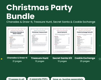 May include: A Christmas Party Bundle of 4 printable PDF kits including Charades & Draw-It, Treasure Hunt, Secret Santa, and Cookie Exchange. The bundle contains 72 pages in total, formatted for US Letter size, and is printable in color or black and white.