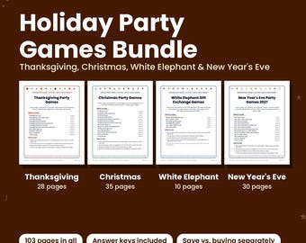 May include: A digital bundle of 4 printable PDF packs for holiday party games, including Thanksgiving, Christmas, White Elephant, and New Year's Eve. The set contains 103 pages in total, featuring answer keys, and is formatted for US Letter paper.