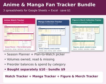 May include: An Anime & Manga Fan Tracker bundle featuring three digital spreadsheets for Google Sheets and Excel. The set includes an Anime Watch Tracker, a Manga Collection Tracker, and a Figure & Merch Collection Tracker with various data fields.