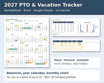 2027 PTO Tracker Spreadsheet, Vacation and Sick Leave Tracker, Time Off Planner for Excel and Google Sheets, Small Team Leave Calendar