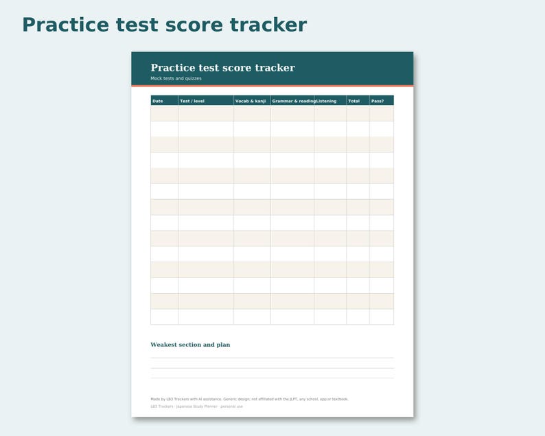 Japanese Study Planner preview: Practice test score tracker