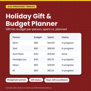 Cover of the Holiday Gift and Budget Planner spreadsheet template with a preview of the budget dashboard on a deep red background with gold accents