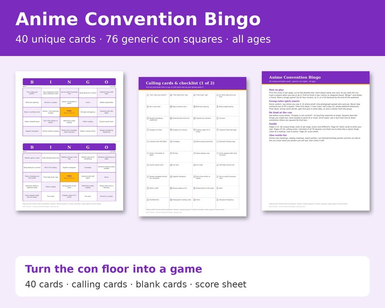 Anime Convention Bingo cover showing sample pages