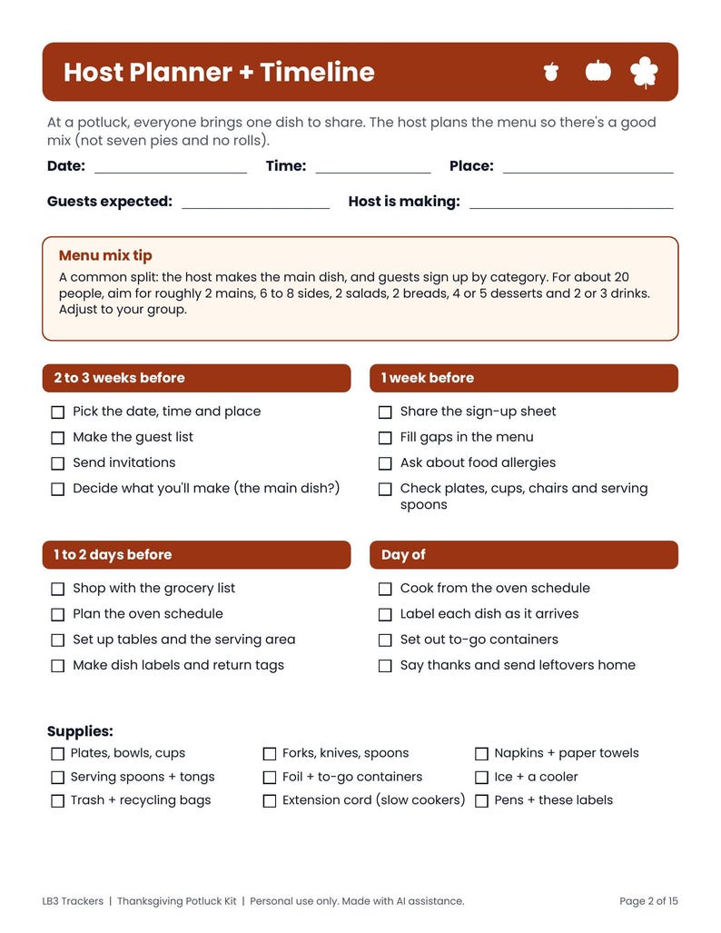 Thanksgiving Potluck Sign Up Sheet Printable - actual page 2 preview