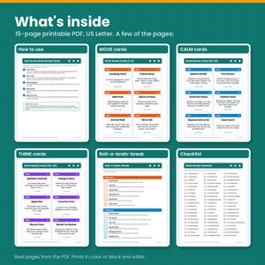 Six real pages from the PDF: how to use, MOVE, CALM and THINK card pages, the roll-a-brain-break page and the checklist