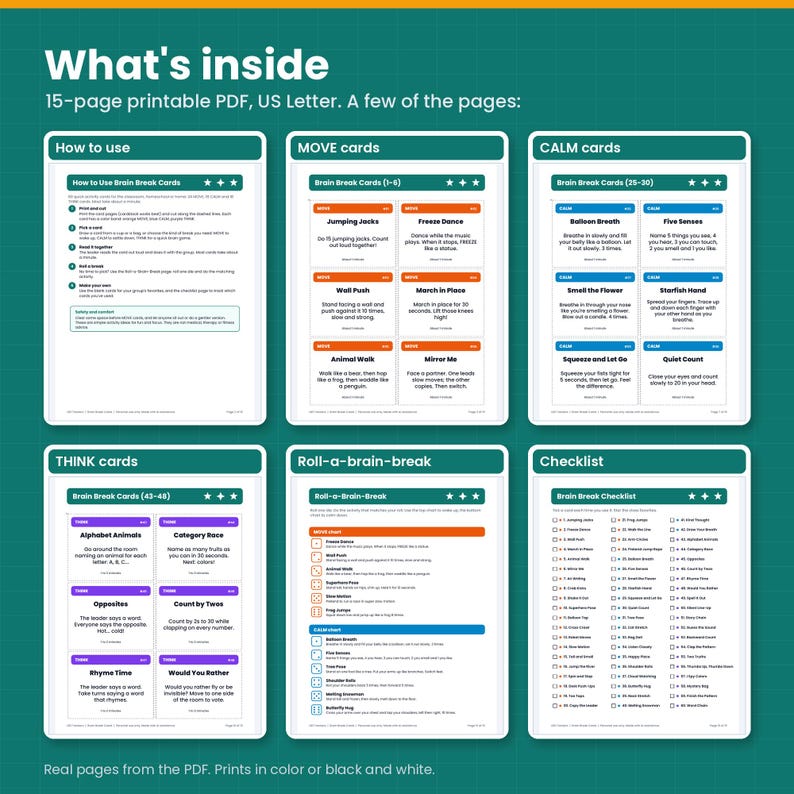 Six real pages from the PDF: how to use, MOVE, CALM and THINK card pages, the roll-a-brain-break page and the checklist