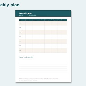 Japanese Study Planner preview: Weekly plan