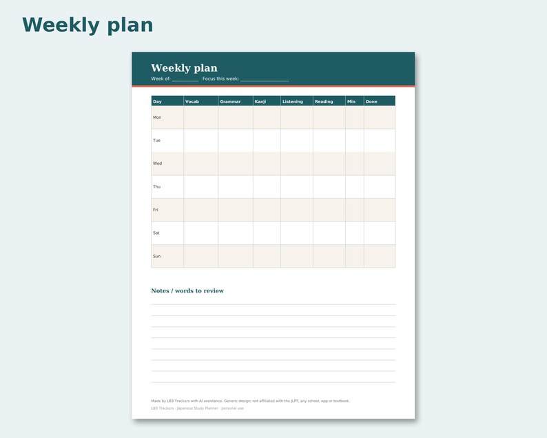 Japanese Study Planner preview: Weekly plan