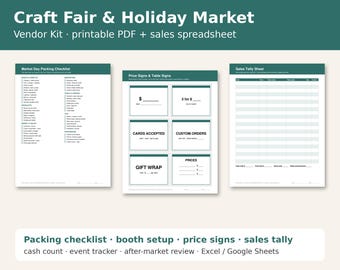 Craft Fair Vendor Kit, Holiday Market Checklist, Sales Tally Sheet, Price Signs, Booth Setup, Event Tracker Spreadsheet, Printable