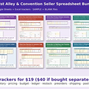 Paquete Artist Alley, 8 hojas de cálculo para vendedores de convenciones, rastreador de inventario, calculadora de precios, presupuesto, negocio de ferias de artesanía, hoja de cálculo de Google