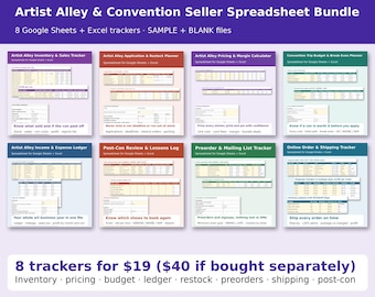 Artist Alley Bundle, 8 Convention Vendor Spreadsheets, Inventory Tracker, Pricing Calculator, Budget, Craft Fair Business, Google Sheet