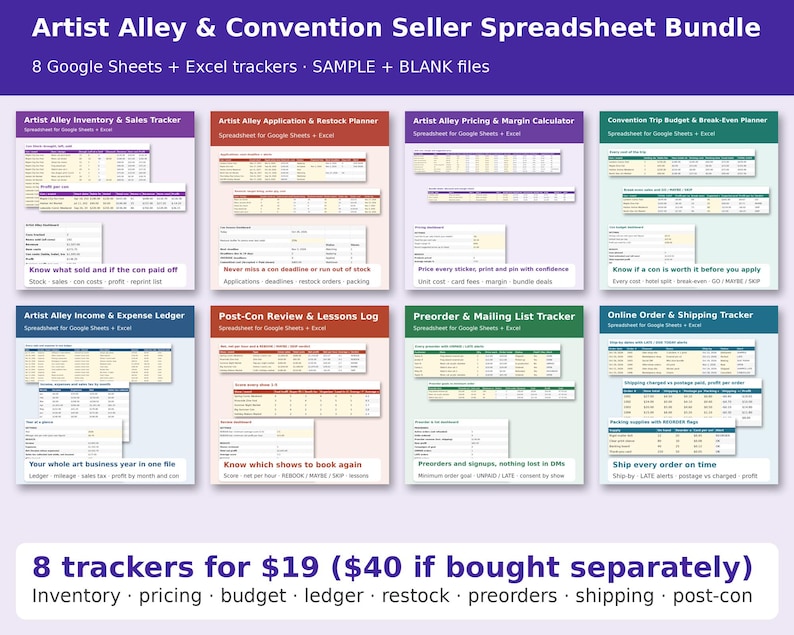 Artist Alley & Convention Seller Spreadsheet Bundle cover: 8 tracker covers