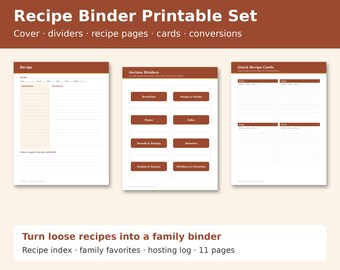 Recipe Binder Printable, Family Recipe Book Pages, Recipe Cards, Kitchen Conversion Chart, Section Dividers, Recipe Index, Letter PDF
