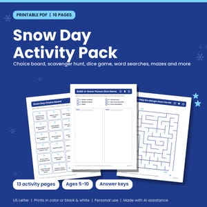 Cover of the Snow Day Activity Pack printable showing a choice board, a dice game page and a maze on a blue background