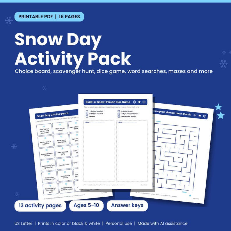 Cover of the Snow Day Activity Pack printable showing a choice board, a dice game page and a maze on a blue background