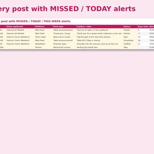 Convention Seller Content Calendar preview: Every post with MISSED / TODAY alerts