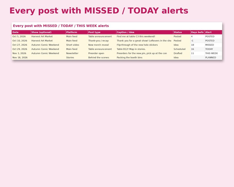 Convention Seller Content Calendar preview: Every post with MISSED / TODAY alerts