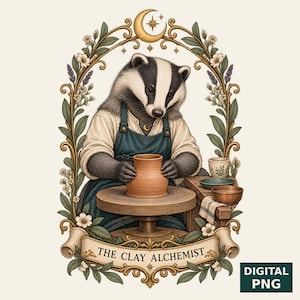 Pode incluir: Um texugo com um avental escuro trabalha argila numa roda de oleiro, emoldurado por uma borda floral com uma lua crescente e o texto THE CLAY ALCHEMIST numa faixa. A ilustração inclui pequenas taças e um pano sobre uma mesa de madeira.