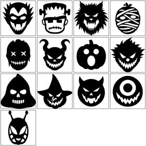Spooky Faces Pumpkin Carving Stencils, 13 Scary SVG + PNG Bundle, Halloween Jack O Lantern Templates, Digital Download, Horror Faces