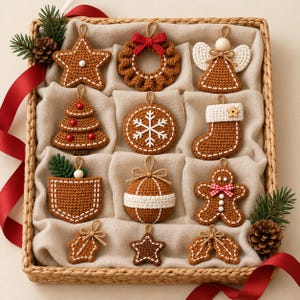 Könnte beinhalten: Ein Set aus zwölf braunen, gehäkelten Weihnachtsanhängern in einem geflochtenen Korb. Das Sortiment umfasst einen Stern, einen Kranz, einen Engel, einen Baum, eine Schneeflocke, einen Strumpf, eine Tasche, eine Kugel, ein Lebkuchenmännchen und Stechpalmenblätter.