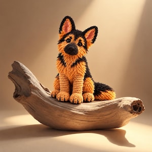 May include: A crocheted German Shepherd dog figurine featuring a textured black and tan yarn coat, pointed ears with pink inner details, and dark eyes, sitting upright on a piece of weathered, light brown driftwood.