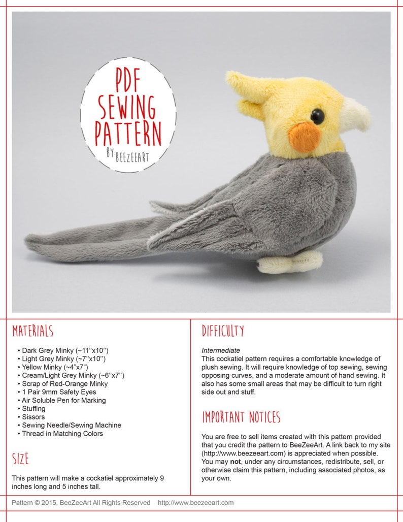 Cockatiel Stuffed Animal Sewing Pattern PDF Digital Download Plush Sewing DIY Project No Physical Items Sent image 2