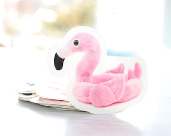 Flamingo Floaty Plush - Glossy Vinyl Sticker - 3 x 2.5 Inches