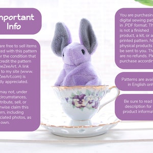 A purple bat plush sits in a teacup and text overlay includes the information under the "Important info" section from the description.