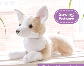 May include: A plush toy sewing pattern for a chihuahua dog. The pattern is for a tan and white chihuahua with brown eyes. The pattern is available as a PDF download. "Sewing Pattern" is written in a purple oval with a dashed border.