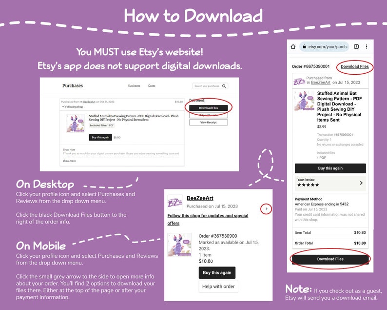 A diagram of how to download a pattern on Etsy which can also be found by searching for Etsy's help article on how to download a digital file.