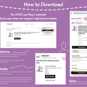 May include: A screenshot of a computer screen showing instructions on how to download digital files from Etsy. The instructions are for both desktop and mobile devices. The image also shows a sample Etsy order confirmation with a "Download Files" button.