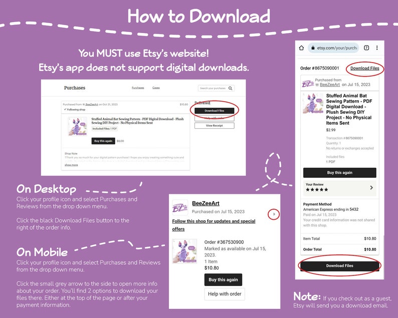 May include: A screenshot of a computer screen showing instructions on how to download digital files from Etsy. The instructions are for both desktop and mobile devices. The image also shows a sample Etsy order confirmation with a "Download Files" button.